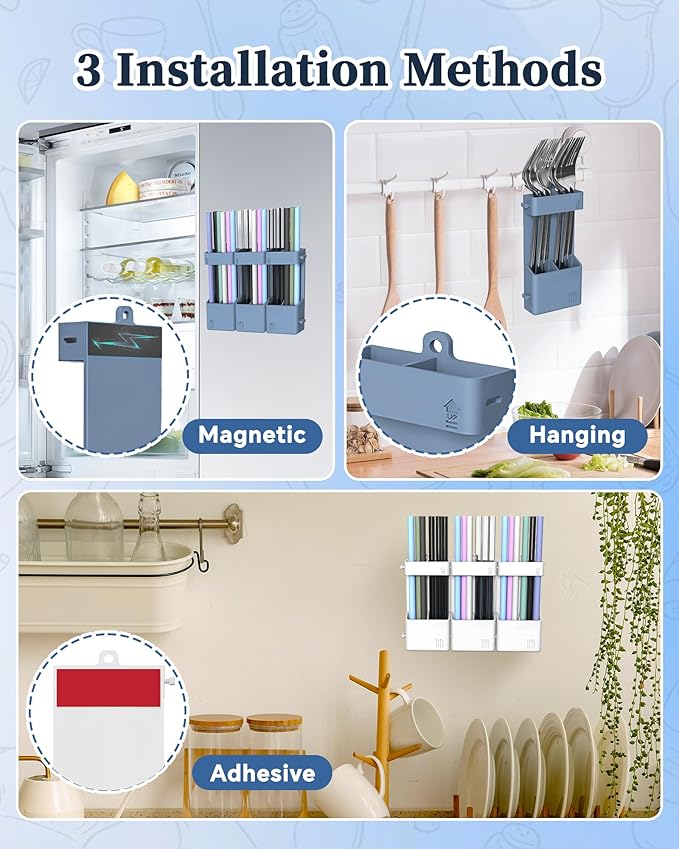 Magnetic Straw Holder for Cabinet Door, Silicone Straw Organizer,Straws Storage Container with Double Sided Adhesive,Reusable Straws Dispenser for Kitchen Fridge Cupboard (White+Blue)