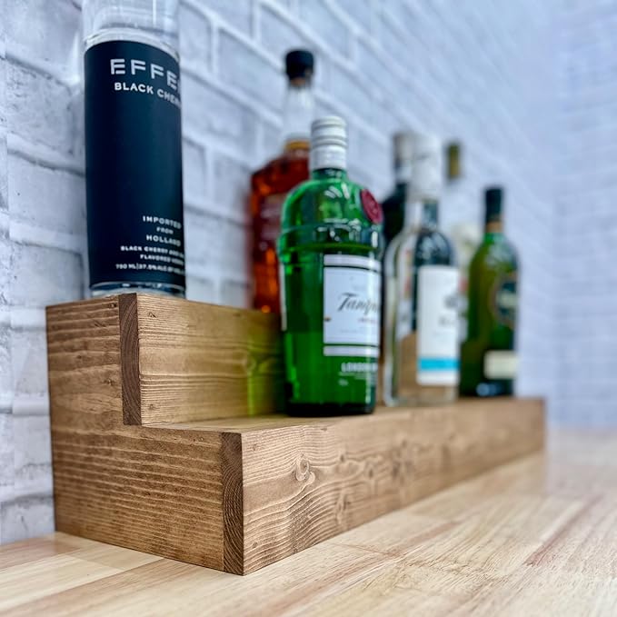 Tiered Bottle Shelf | 2 Tier Liquor Bottle Display | Bar Organization | Display Shelf | Wine Shelf | Bar Display | Kitchen Counter Shelf (18", Early American)