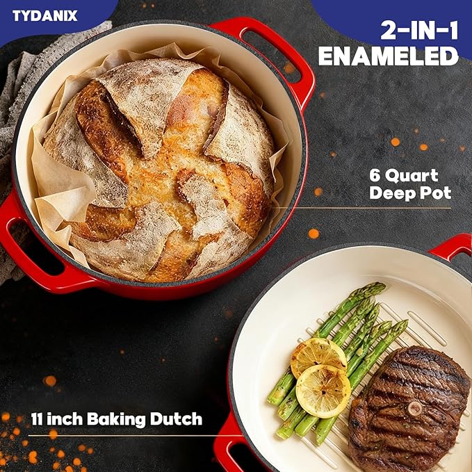 2-in-1 Multifunctional Enameled Cast Iron Dutch Oven, 6QT Loaf Pan with Dual Handles, Perfect for Baking Sourdough, Roasting, Braising & Stews, Oven & Stovetop Safe, Easy to Clean & Pre-Seasoned