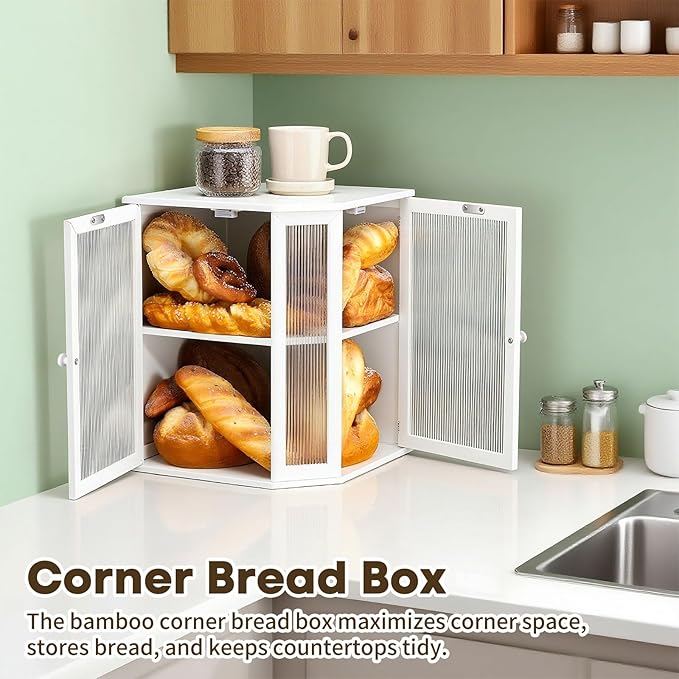 Corner Bread Box for Kitchen Countertop - Bamboo Large Capacity Bread Storage Bin with Acrylic Wavy Door Panel,Dual Door Bread Organizers Under Cabinet Mount Shelf (White)