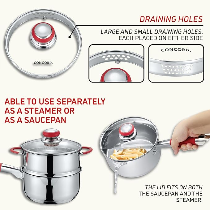 Concord Stainless Steel SIMPLE POUR Saucepan with Steamer Tier. Vented Glass Lid. Features Dual Pouring Spouts and Volume Marking on pot. Perfect for making Sauces, Jam, Ramen, and more (2 Quart)