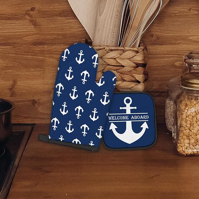 Lake House Gifts Oven Mitts and Pot Holders Sets, Lake Navy Blue Kitchen Accessories Sets, Nautical Navy Blue Anchor Welcome Aboard Heat Resistant Oven Glove Potholders for Kitchen Cooking