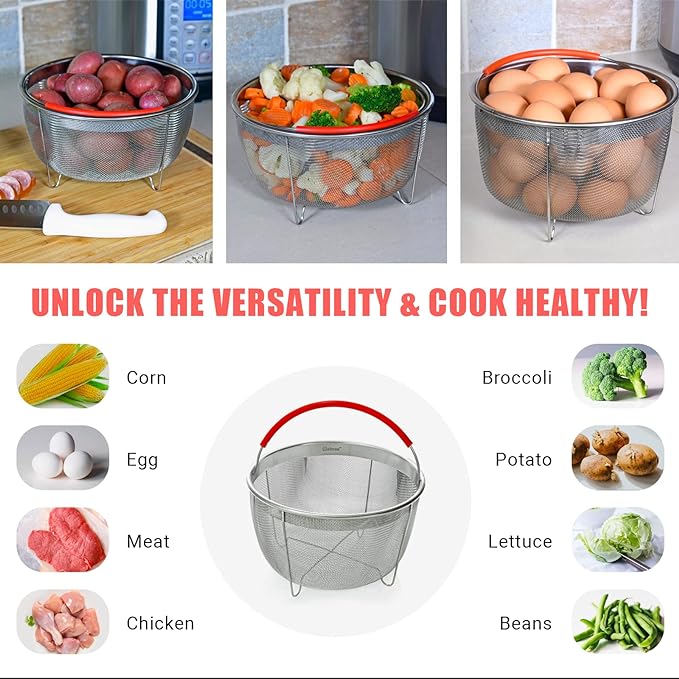 Original Salbree Steamer Basket for 3 qt quart Instant Pot Accessories, Stainless Steel Strainer and Insert fits IP Insta Pots, Instapot, Other Pressure Cookers, with Silicone Handle [6qt 8qt avail]