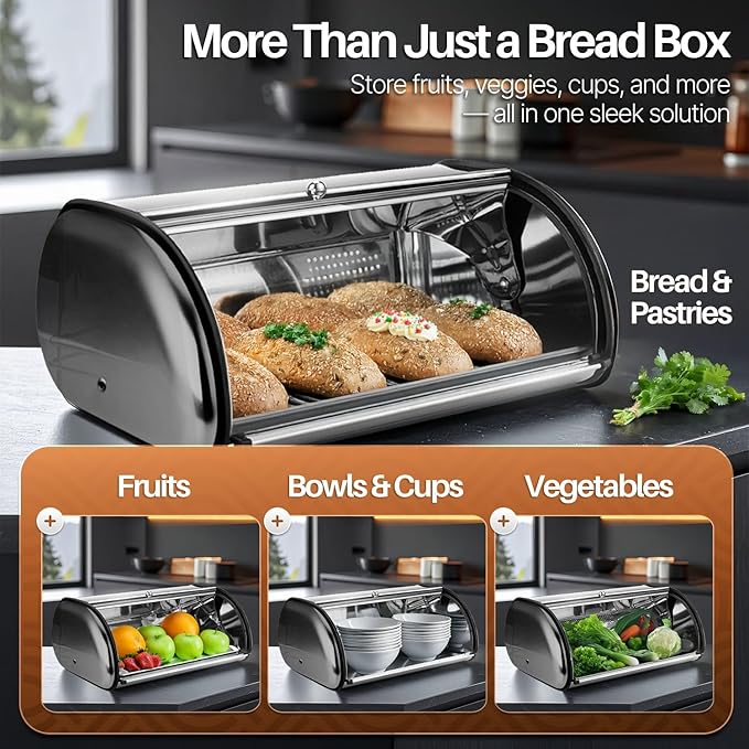 Flexzion Stainless Steel Bread Box for Kitchen Countertop (13 inch) Metal Bread Storage with Roll Up Lid & Front Window for Restaurant & Homemade Cakes, Buns, Pastries, Pancakes, Cookies