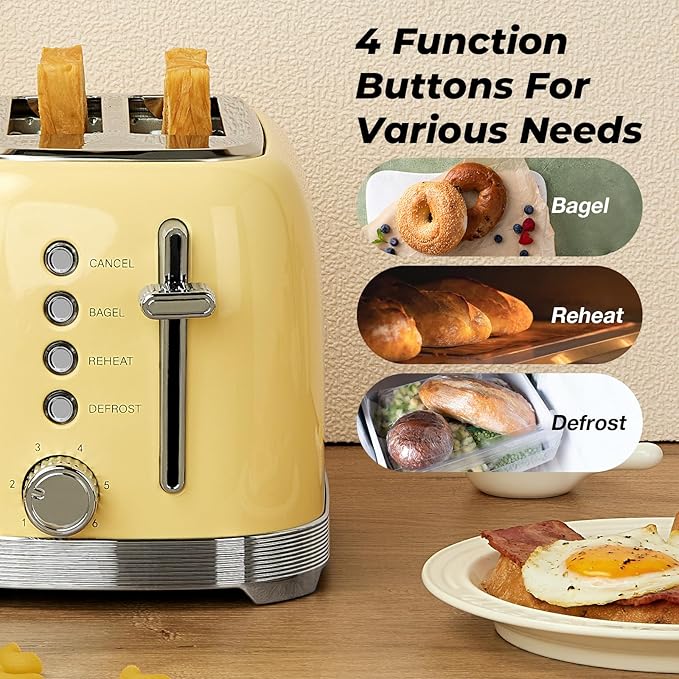 Toaster 2 Slice Retro Stainless Steel with 1.5” Extra Wide Slots Bagel, Defrost, Reheat, Cancel Functions, 6 Bread Shade Settings, Removable Crumb Tray, Yellow