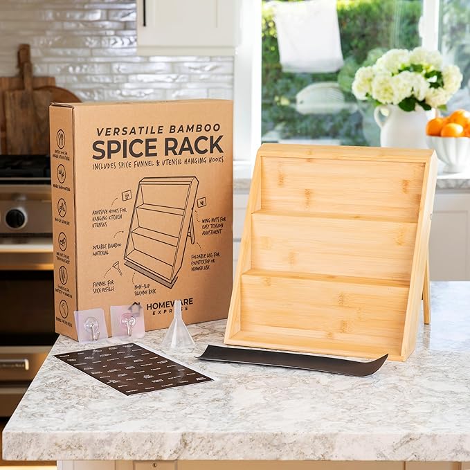 Extra Sturdy 3-Tier Bamboo Spice Rack – 12" W x 10" D x 13" H – Foldable Non-Slip Wooden Spice Organizer for Countertop and Cabinet – Includes Labels, Funnel & Hooks – Spice Jars NOT Included