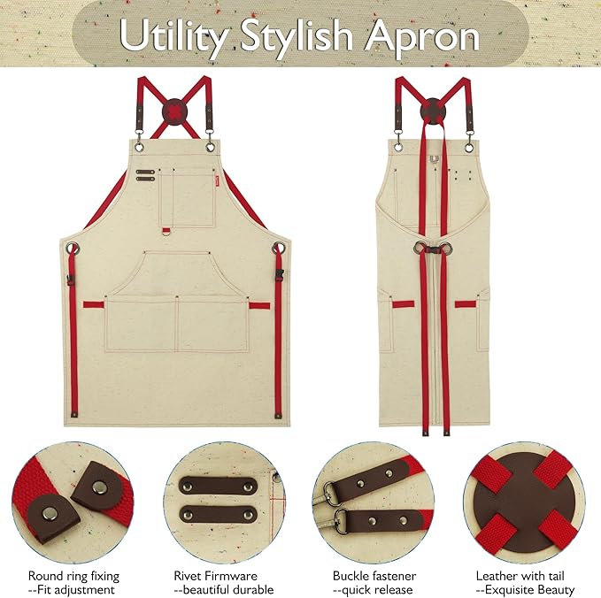 Work Aprons with Multiple Pockets, Waterproof Canvas for Cooking, Painting, Crafting, Gardening, Sizes M to XXL, Colorful Spots