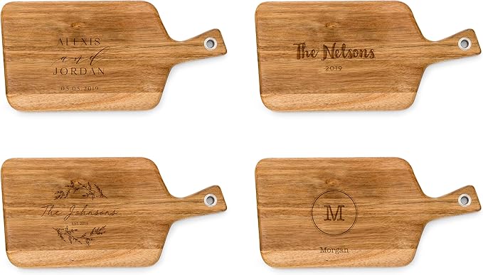 Weddingstar Personalized Wooden Paddle Cutting Board or Serving Board With Handle 13.5" x 6.5" - Retro Script Etching