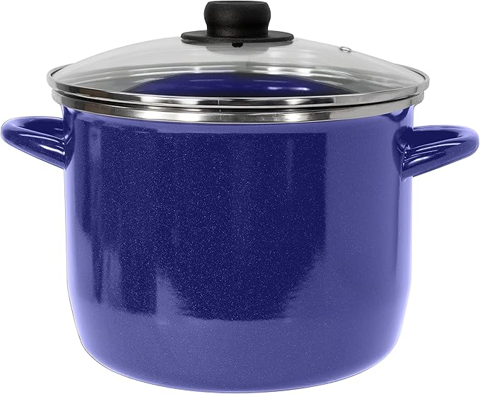 EKCO EOS 8-Quarts Alloy Steel Speckled Stockpot with Glass Lid - Dishwasher and Oven Safe Cooking Pot up to 350°F - Induction Cookware for All Cooktops - Non-Reactive Enameled Soup Pot - Blue