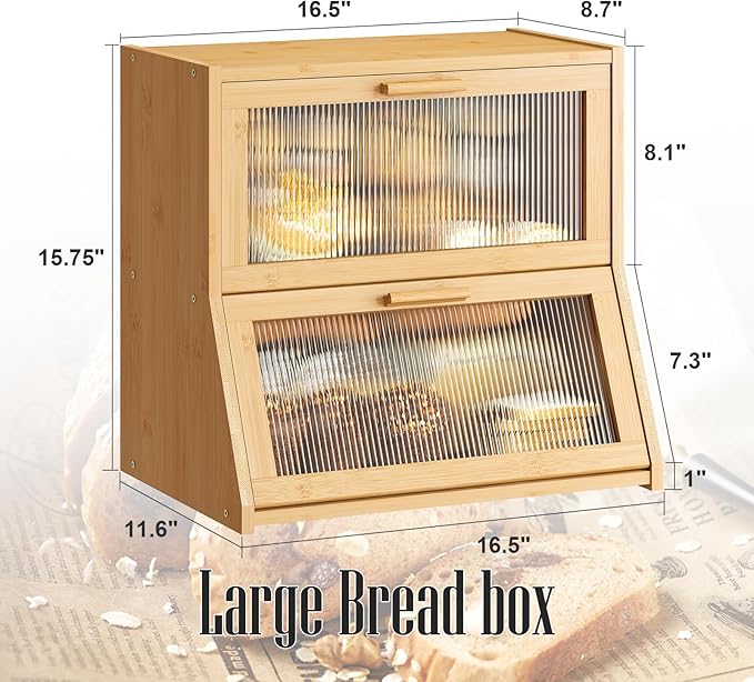 GHWIE Double Layer Bamboo Bread Box for Kitchen Counter,Large Capacity Bread Storage Bin,Bread Container with Acrylic Wavy Door Panel (Natural, Extra Large)