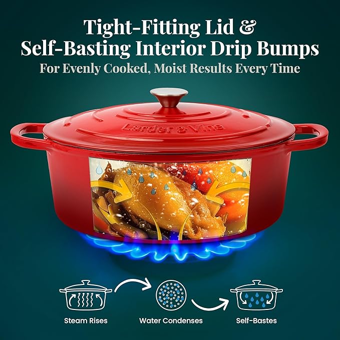 Larder & Vine Enameled Cast Iron 8 qt Dutch Oven Pot with Lid | Bread Baking | Compatible on All Cooktops & Oven Safe to 500° F | Great for Sourdough Bread | Cabernet