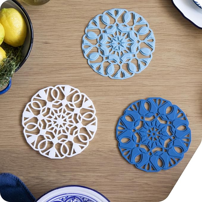 Peleg Design TriveTile Trivet Set – for Hot Pots and Pans - Fun and Decorative – Non-Slip Heat-Resistant Kitchen Trivets - Split into 3 Trivets, Holds 3 Dishes Simultaneously - 7x7 inches (Navy)