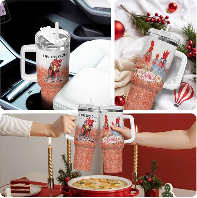 34HD Funny Chickens Tumbler with Lid & Straw, 40oz Vacuum Insulated Mama Hen Mug, Gifts for Chicken Lady Women Farmer, Chicken Lover Gifts for Birthday Christmas Mothers Day
