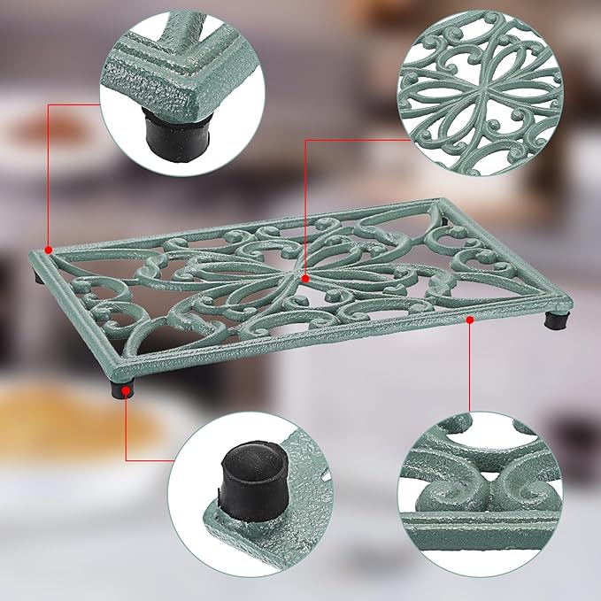 Sumnacon Cast Iron Trivet Heat Resistant Iron Trivets for Hot Dish Pot Pan Plate Teapot, Rustic Cast Iron Trivets for Cooktop Kitchen Dining Table, Rectangle Metal Trivet with Rubber Feets, Green