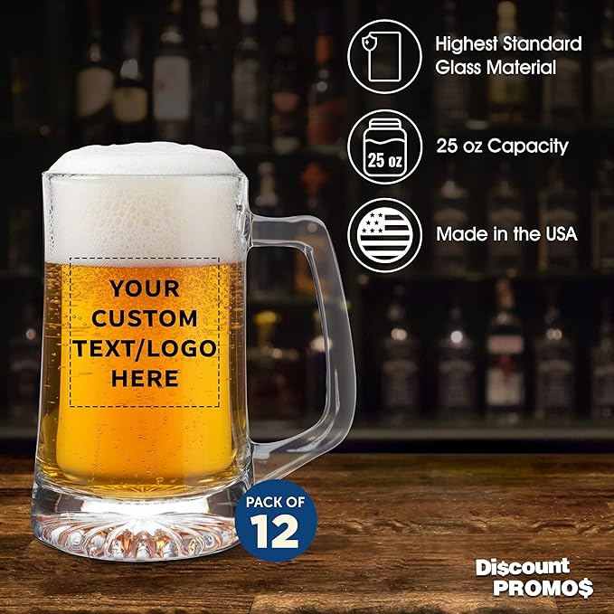 DISCOUNT PROMOS Custom ARC Glass Beer Mugs 25 oz. Set of 12, Personalized Bulk Pack - Great for Octoberfest, Pub, Restaurant - Clear