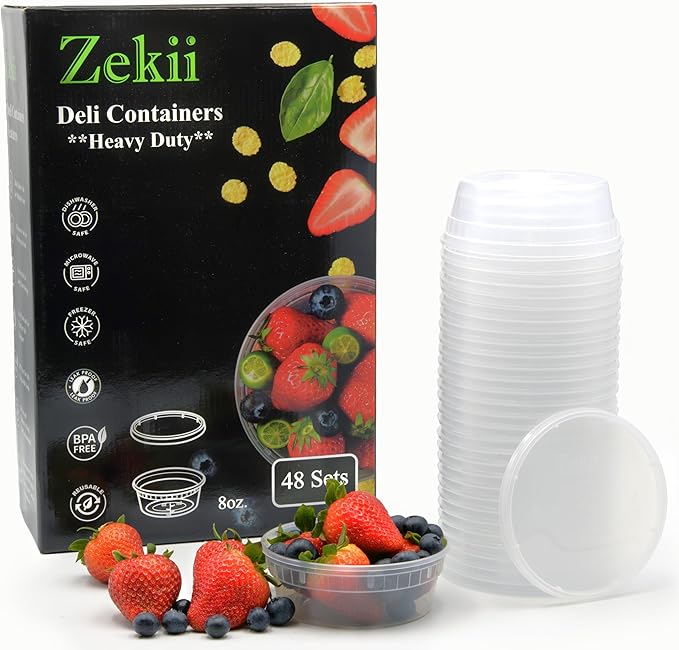 Zekii EXTRA THICK Deli Containers with Lids, [48Sets 8oz] Soup Containers w/Lids Airtight, Disposable, BPA Free, Takeout soup Cups, Meal Prep, Food Storage Containers with Measurements