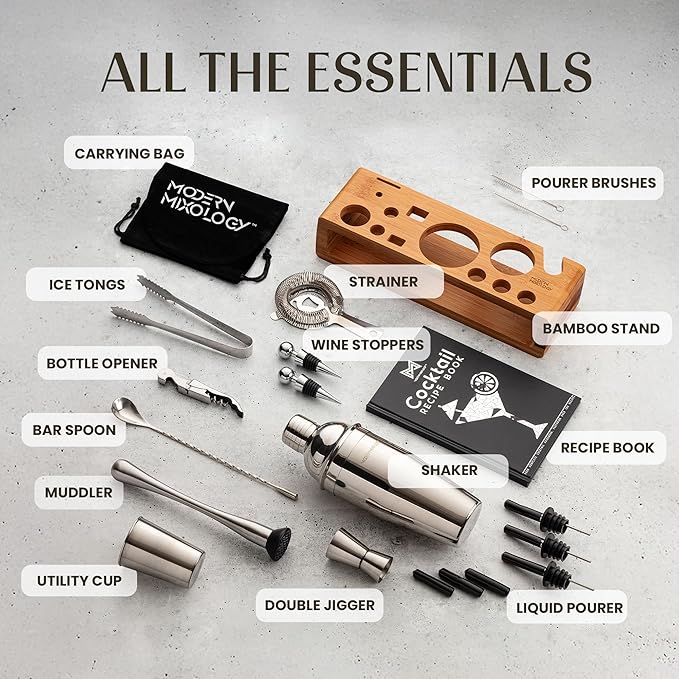 Modern Mixology 21-Piece Cocktail Shaker Set with Stand, Bartender Kit for Home Bar Accessories: 24oz Martini Shaker, Jigger, Strainer, Bar Spoon, Tongs, Opener, Muddler (Silver, Brown Stand)