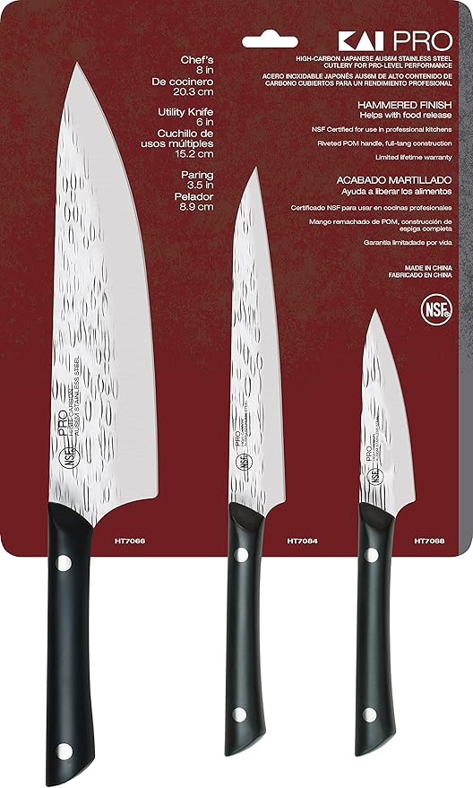 Kai PRO 3 Piece Starter Set, Includes 8" Chef, 3.5" Paring & 6" Utility Knives, Hand Sharpened Knife Set, Japanese AUS6M Stainless Steel Blades, Full-Tang POM Handles, NSF Certified