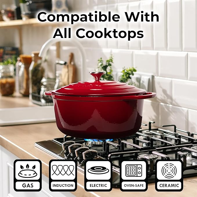 Zulay Kitchen 7.7 Quart Enameled Cast Iron Dutch Oven Pot with Lid – Premium Durability & Oven Safe up to 500°F – Heavy Duty Cookware Perfect for Bread Baking, Stews, Braising & Roasting – Red