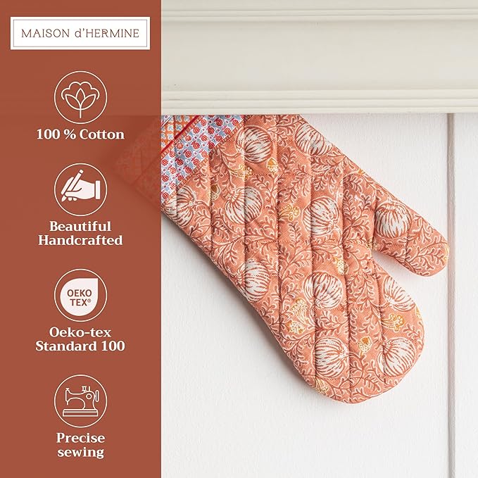 Maison d' Hermine Oven Gloves 100% Cotton Oven Mitt 7" x 13" with Loop Heat Resistant BBQ Cooking Gloves for Thanksgiving Christmas Decorations Baking Handling Hot Pans (Pack of 1, Harvest Festival)