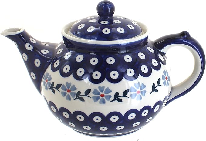 Blue Rose Polish Pottery - Blue Violet Teapot - 5 Cup Capacity - Hand-Painted Polish Pottery Ceramic Coffee & Tea Server