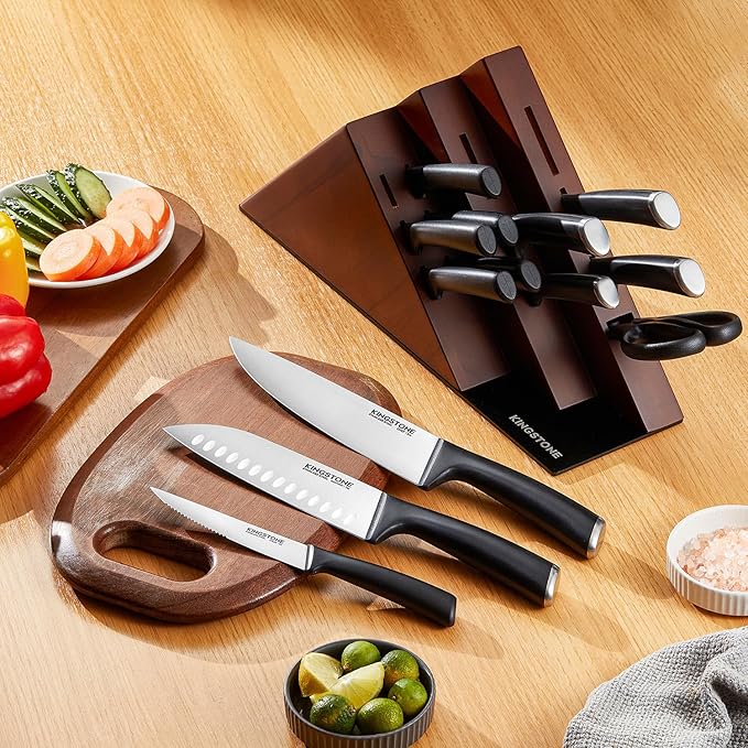 KINGSTONE 14-Piece Knife Block Set, High-Carbon Stainless Steel Knives with Ergonomic Non-Slip Handles, Ultra Sharp & Dishwasher Safe, Walnut