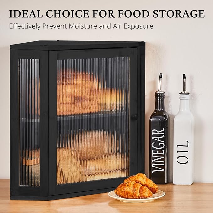 BRONYPRO Double Layer Corner Bread Box for Kitchen Counter with Height-adjustable Partition, Extra Large Black Bamboo Wooden Bread Box for Multiple Loaves, Modern Breadbox for Kitchen Countertop