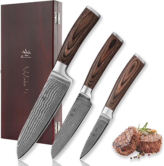 Wakoli EDIB 3-Piece Damascus Kitchen Knife Set in Wooden Gift Box – Sharp Knives Set made of Genuine Damascus Steel (VG10 Core) – Santoku, Small Santoku & Paring Knife – Ergonomic Pakkawood Handles