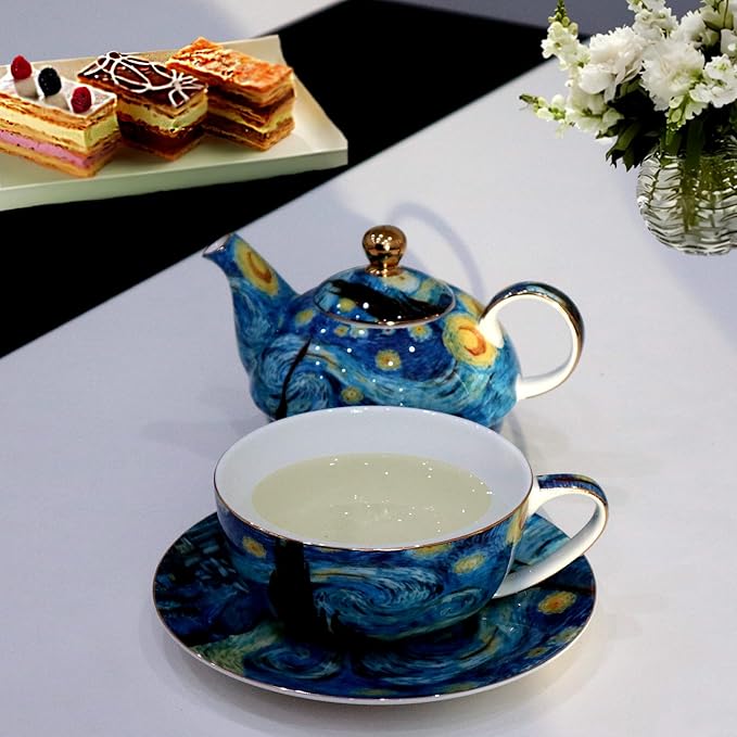 Porcelain 13 OZ Tea for One Teapot and Cup Set Vintage Floral Ceramic Tea Set European Style Tea pot and Saucer Set (Starry Sky)