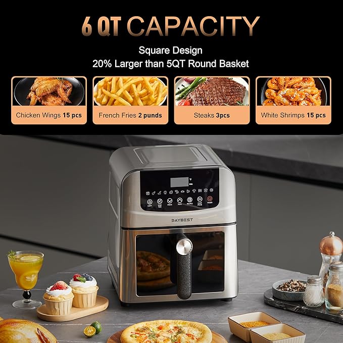 6QT Stainless Steel Air Fryer Ceramic 12 in 1, Dual-Blazes in Metal Housing, 2-3 Servings Visible 8.27" Basket with Teflon-Free Premium Coating, 1700W, DAYBEST Dishwasher Safe Kits (Silver)