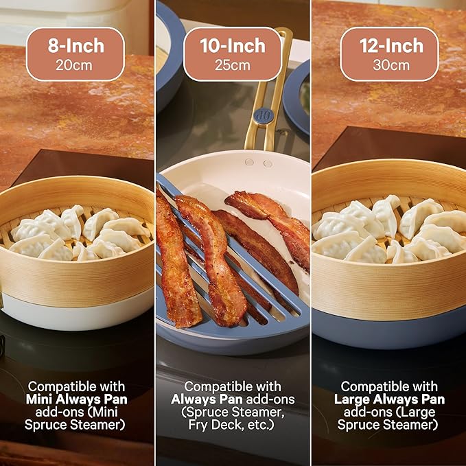 Our Place 8-Piece Essentials Complete Cookware Set - Ceramic Fry Pan Trio & Modular Rack Storage | Nontoxic Thermakind™ Nonstick, Oven Safe up to 450°F & Compatible with All Cooktops | Blue Salt