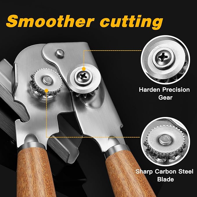 Upgraded Efficient Manual Can Opener - Selected Solid Wood Handle, Sharp and Smooth Blade Edge, Portable Design, Easy-Open Large Knob, Versatile for Various Bottle Caps(Aosuan)
