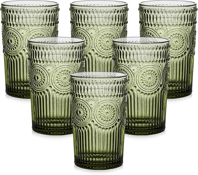 Vintage Glassware Drinking Glasses Set of 6,13 oz Green Textured Flower Design Glass Water Tumblers，Embossed Striped Drinkware for Water,Cocktails,Juice,Iced Coffee