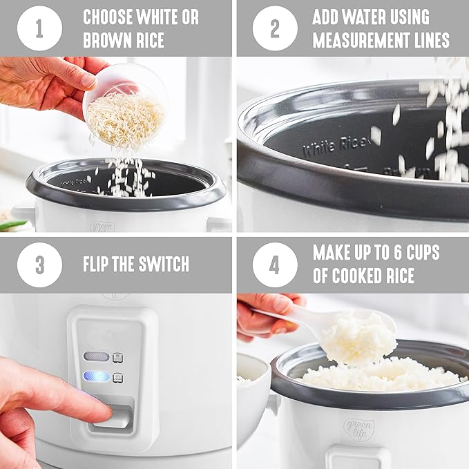 GreenLife Rice Cooker with Removable PFAS-Free Nonstick Pot, 3-Cups Uncooked/6-Cups Cooked, One-Switch Design, Auto Keep Warm Function, Soup, Grains, Oatmeal, Wood Handle, White