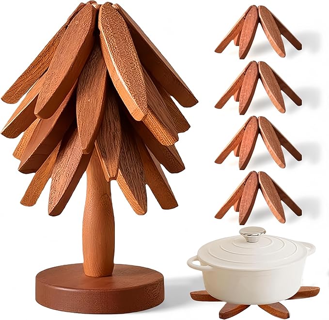 Wooden Trivets for Hot Dishes，Natural Tree Trivet Set，4 Walnut Wood + 1 Stand stored Like a Christmas Tree.Wooden Tree Coasters,Trivets for Hot Pots and Pans.