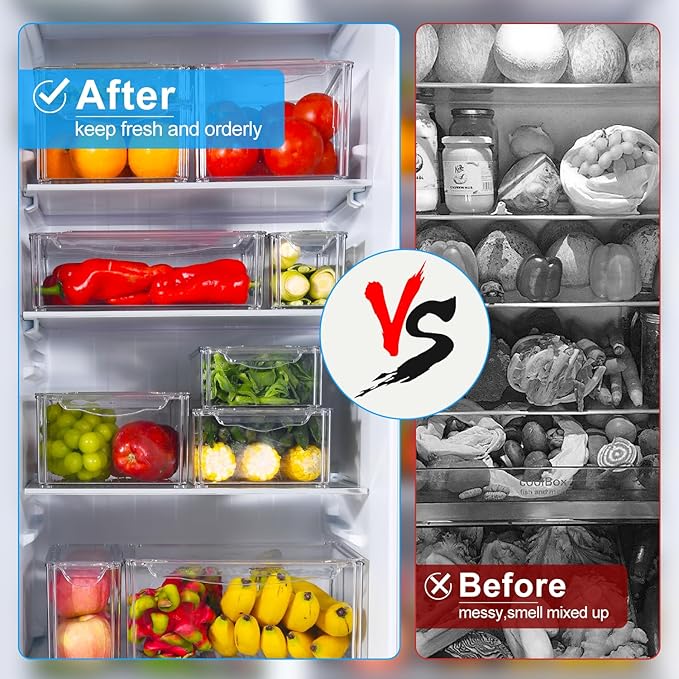 14-Pack Clear Fridge Organizer Bins with Lids, Stackable Refrigerator Storage Containers, BPA-Free with Drain Tray & Anti-Slip Base for Fruits, Veggies, Drinks