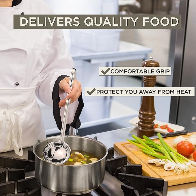 Fit Meal Prep Stainless Steel Soup Ladle - One-Piece Sauce Spatula with Hook Handles, Commercial Grade Serving Spoon, Kitchen Tool for Restaurant or Home Cooking, 14.75” Long - [Pack of 2] 12 Oz
