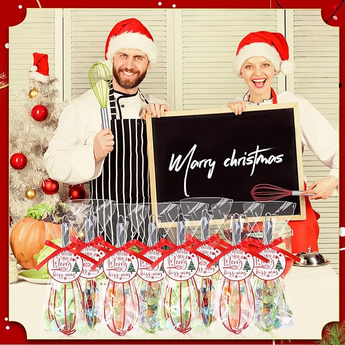 6 Sets 8 Inch Christmas Whisks Gifts DIY Fillable Christmas Tree Ornaments Xmas Colored Silicone Whisks for Cooking Heat Resistant Egg Beaters with Card Rope Bag for Candy Holder