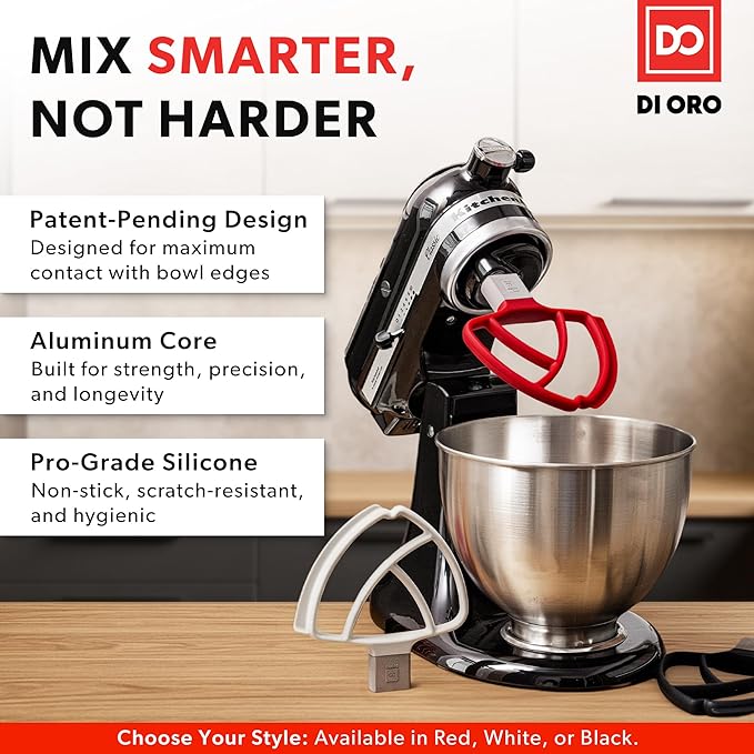 DI ORO Seamless Series Flex Edge Beater for KitchenAid Tilt-Head Stand Mixer - 4.5-5 Quart Flat Beater Paddle - Flexible Silicone Edges for Scraping and Mixing Bowls - Dishwasher Safe & BPA Free (Red)