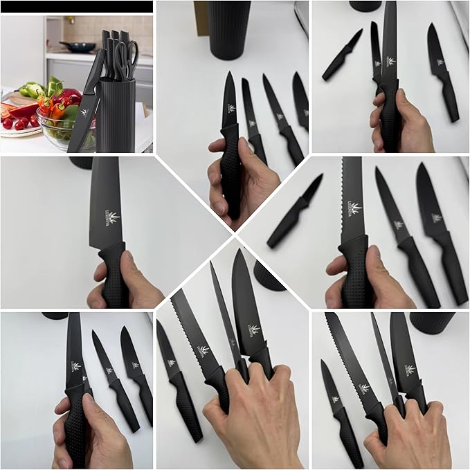 7-Piece Kitchen Knife Set – Ultra Sharp Stainless Steel Knives with Universal Block, 5-Piece Chef Knife Set, Kitchen Scissors – Non-Slip Black Handles, Modern Countertop Set