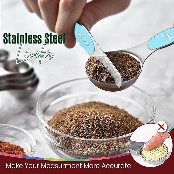 Magnetic Measuring Spoons Set of 9 Stainless Steel Dual-Sided Stackable Measuring Spoon Nesting Teaspoons Measuring Dry and Liquid Ingredients, Fits in Spice Jars Set of 9 (Blue Aqua Sky)