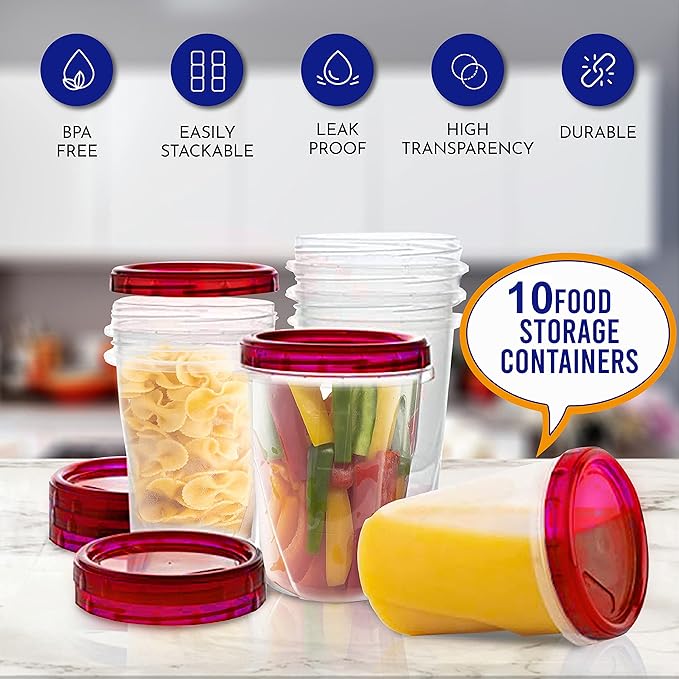 AQUA BLUE Soup Freezer Storage Containers with Twist Top Lids [32 Oz 10 Pack] Reusable Plastic Food Storage Containers with Screw On Lids, Leakproof, Stackable, Microwave Safe BPA Free