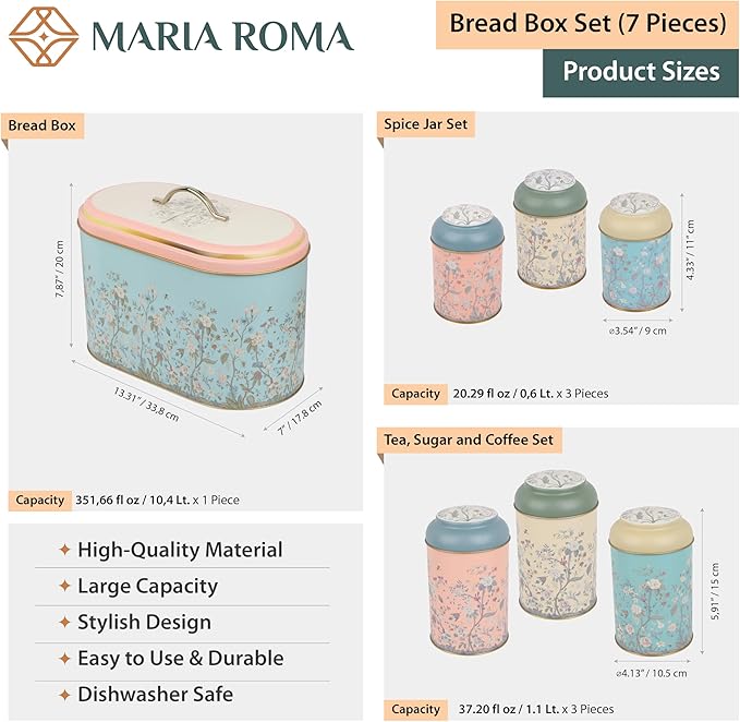 MARIA ROMA 7 Pieces Bread Box for Kitchen Countertop and Canisters Sets for the Kitchen Ideal for Bread Basket Sugar Container Coffee Canister Tea Tin Breadbox Vintage and Rustic Model