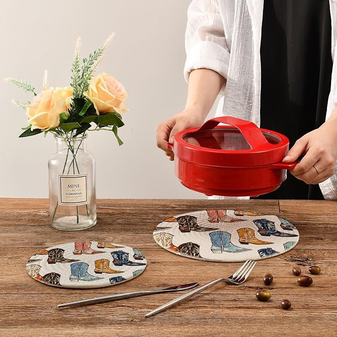 Cowboy Boots Kitchen Trivets Pot Holders Set of 2, Trivets for Hot Pots Dishes Woven Trivet Coaster Pad Mat for Counter