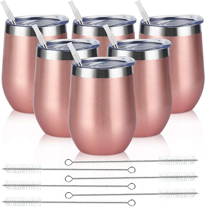 6 Pack Stainless Steel Wine Tumblers, 12Oz Insulated Wine Tumbler, Double Wall Insulated Wine Glass, Stainless Steel Stemless Wine Cups with Lids for Coffee, Wine, Cocktails, Champaign, Rose Gold…