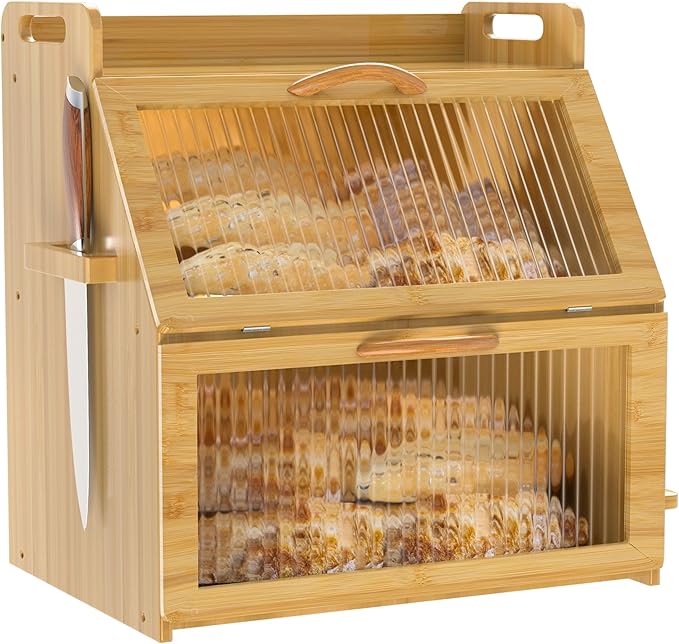 Bread Box for Kitchen Countertop, Large Bread Storage Container for Homemade Bread, Wooden Farmhouse Breadbox Organizers, Double Layer Bread Bin with Acrylic Window Bread Holder, Brown