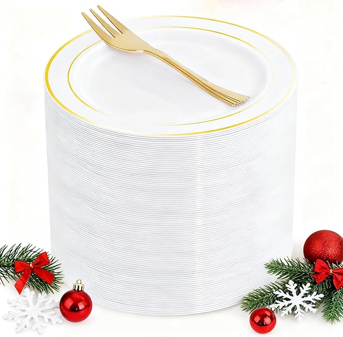 WELLIFE 60 PCS Gold Plastic Dessert Plates and 60 PCS Forks, 6.3 inch Disposable Salad Plates, Premium White Appetizer Plates with Gold Rims, Perfect for Party and Christmas