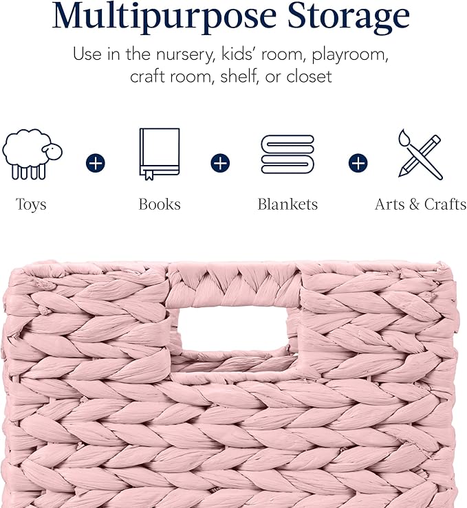 Best Choice Products 10.5x10.5in Pack of 5 Cube Storage Baskets, Water Hyacinth Multipurpose Collapsible Organizers, Handwoven Toy Storage Totes for Kids Room, Nursery & Living Room - Pink