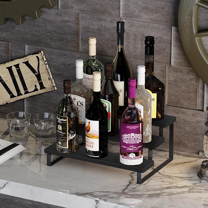 YINMIT Wooden Display Riser Stand, Tiered Perfume and Cologne Organizer Stand, 3 Tier Spice Rack Organizer, Rustic Display Shelf for Candles (3 Tier,Black)