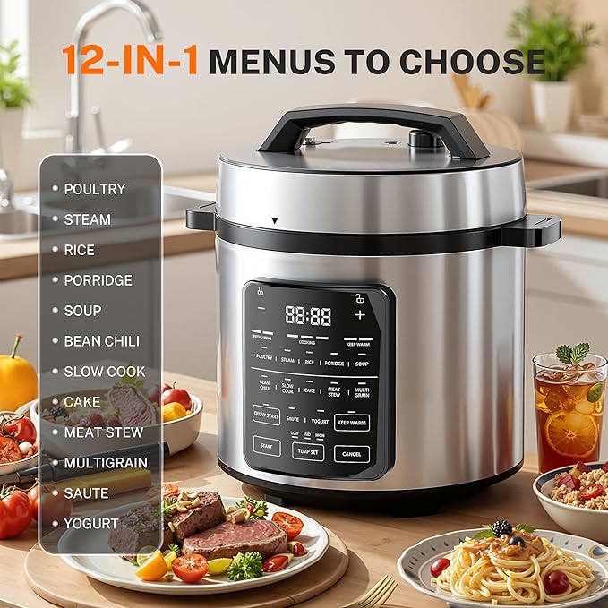 Simple Deluxe 6QT 12-in-1 Multi Electric Pressure Cooker, Non-Stick Stainless Steel Multi-Cooker for Yogurt Maker, Slow Cook, Sauté, Cake, & Warmer, 6 Quarts